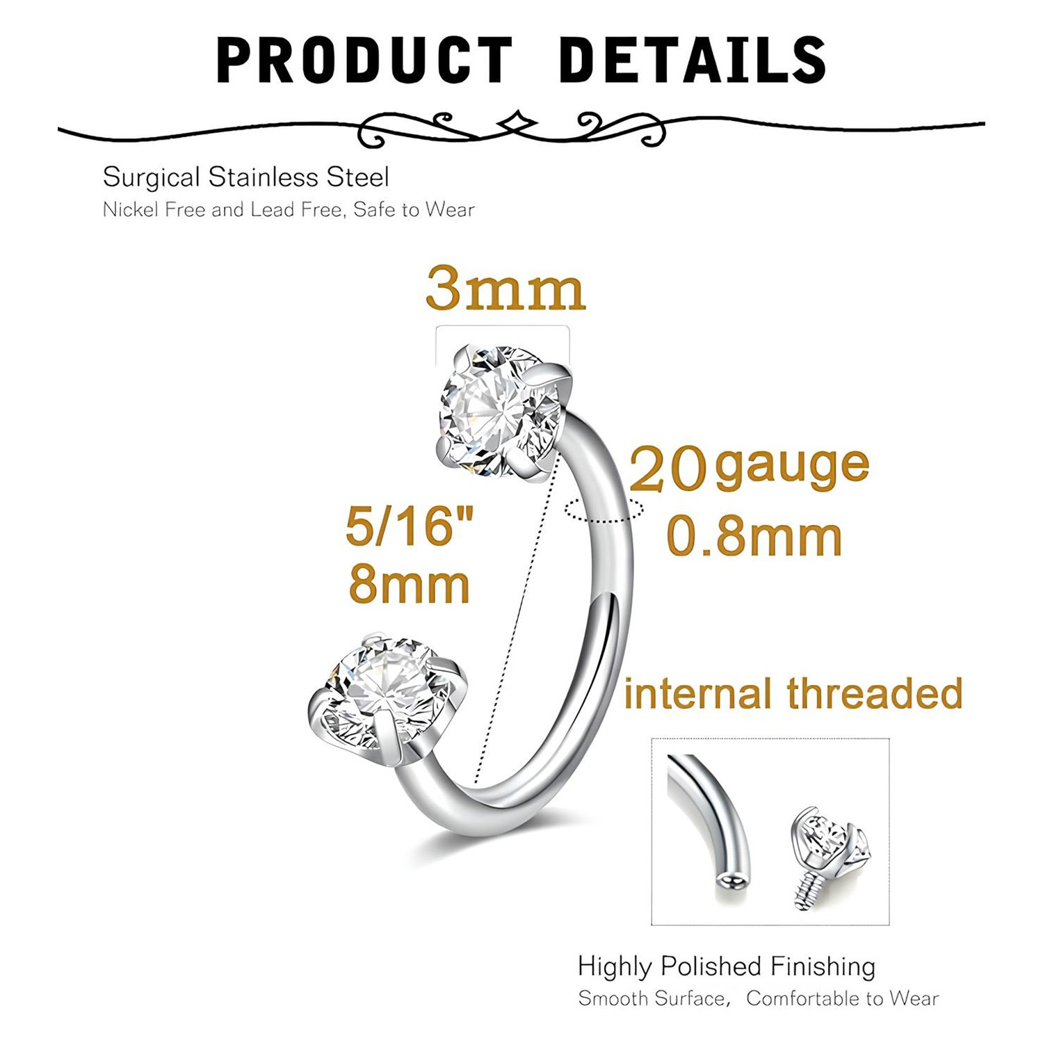 20g Nose Rings Hoop C Shape Nose Studs Stainless Steel Nose Screw Bone Flat Top