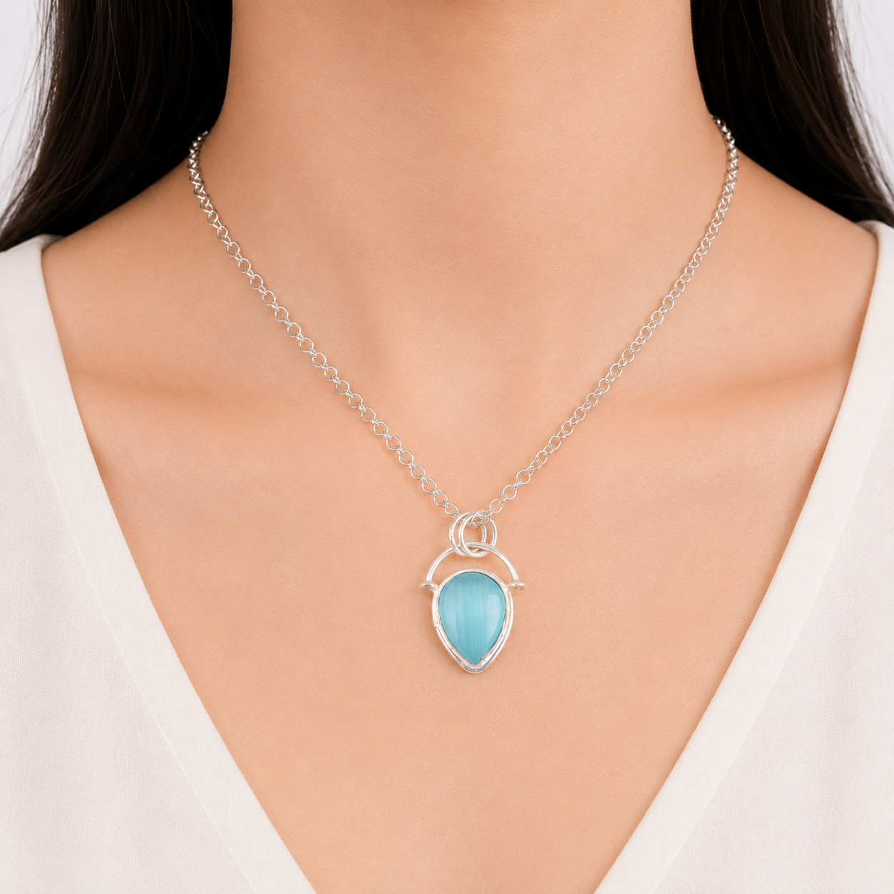 925 Silver Blue Cat’s Eye Gemstone Jewelry Handmade Dainty Pendant 1.01″ For Her