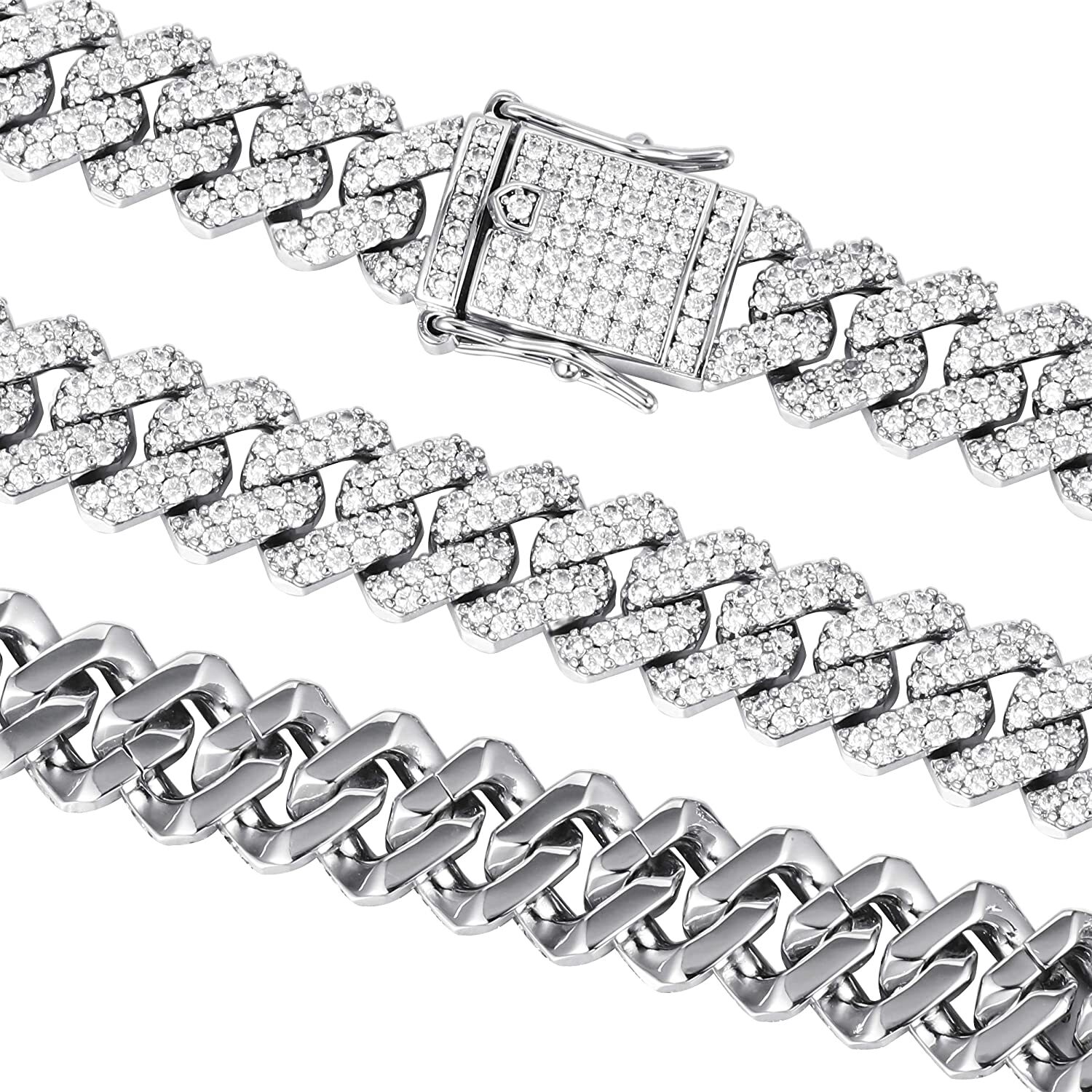 White Gold Plated Iced CZ Out Stainless Steel Miami Cuban Link Bracelet Or Chain