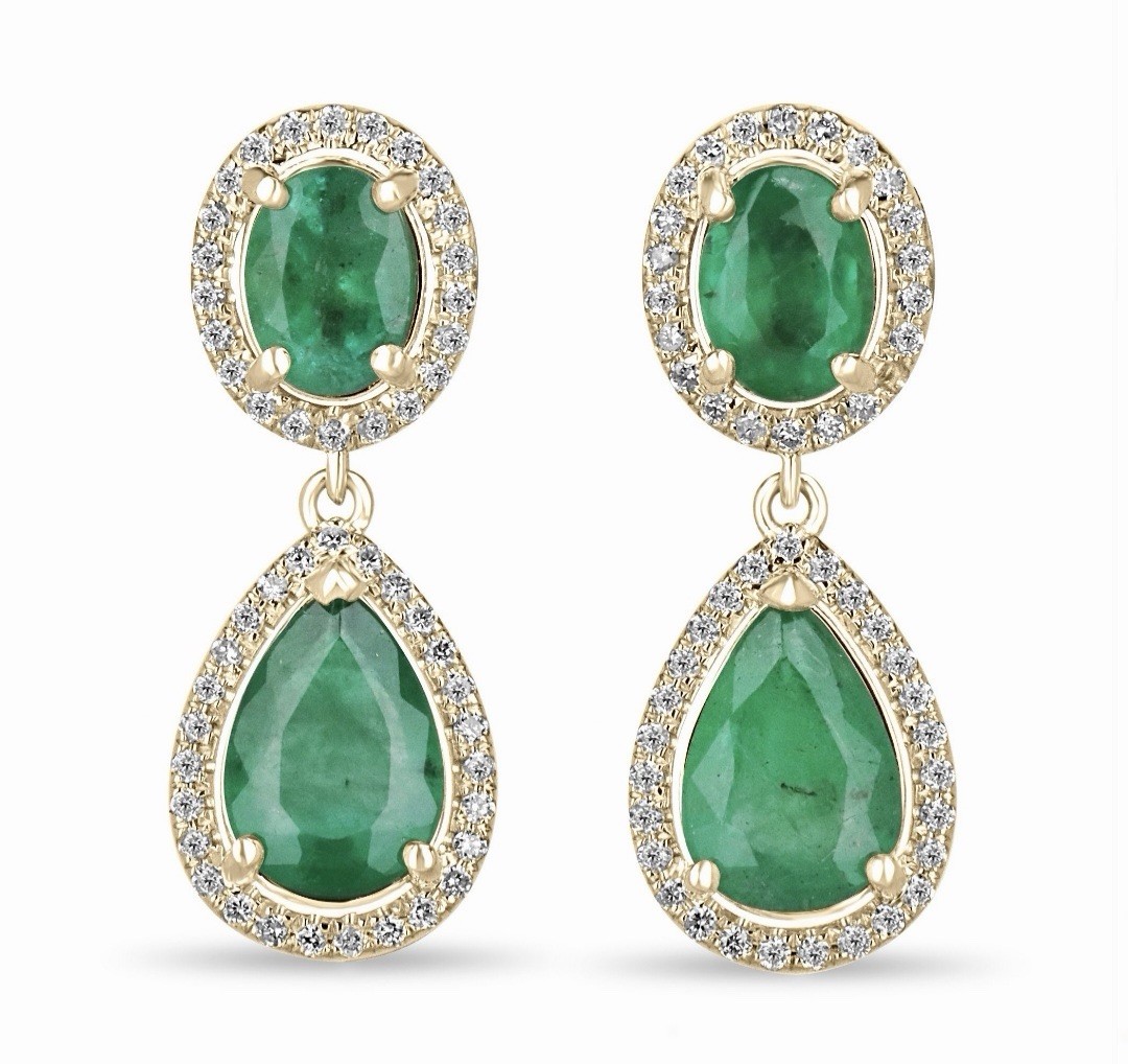 14k Solid Gold Emerald Diamond Earring Natural Zambian Emerald Gold Earrings