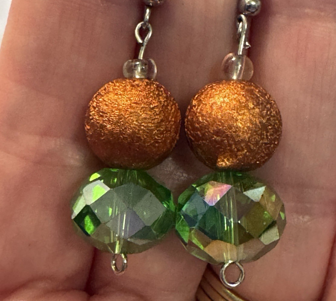 Vintage Copper Green Dangle Earrings Boho Chic Faceted Garden Fairy Kitschy