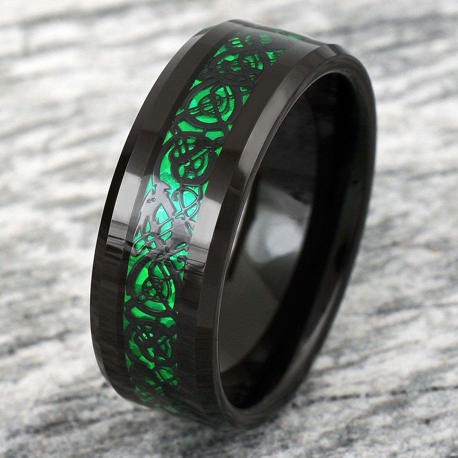 8mm Black Tungsten Carbide Men’s Ring Green Celtic Dragon Wedding Band