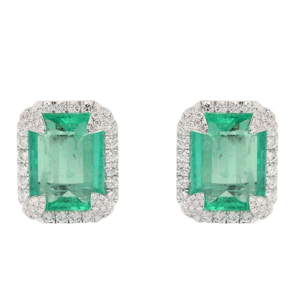 6.80carat Emerald Cut Natural Emerald Diamond Stud Earring 18K White Gold Plated