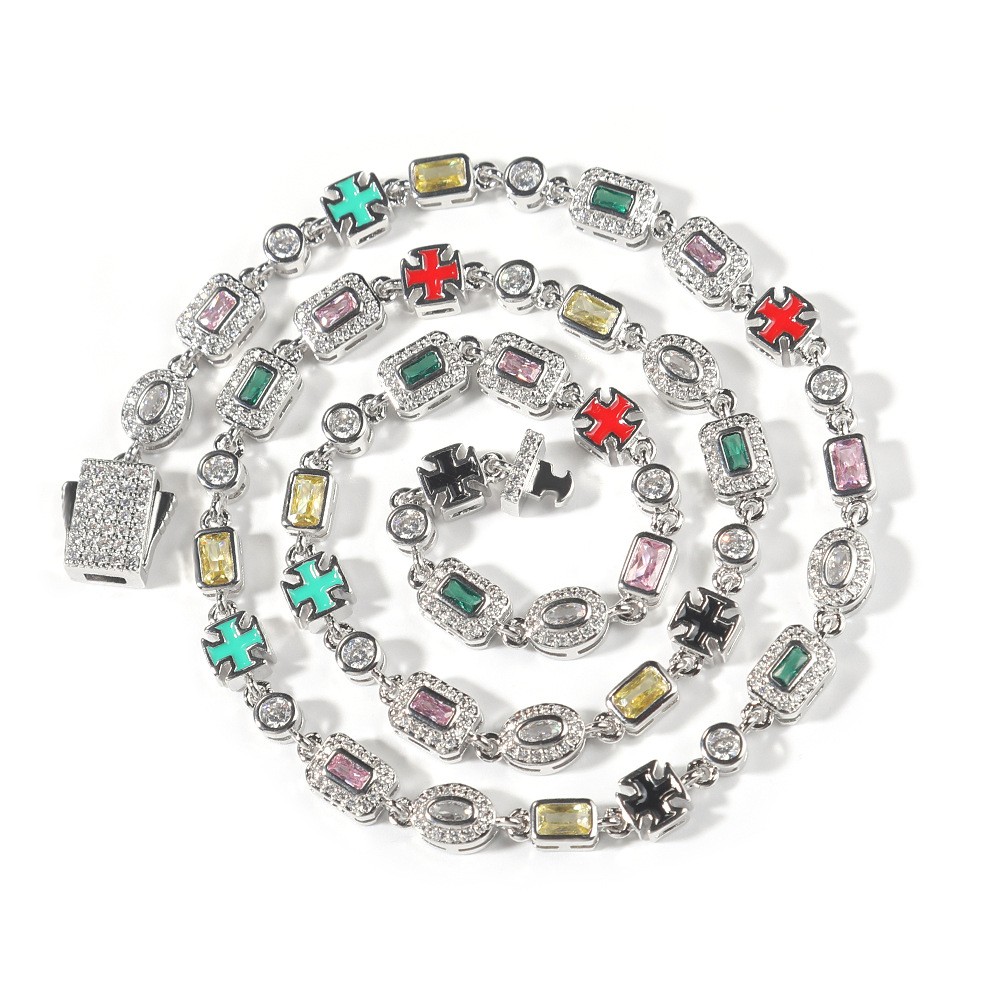Iced Out Multi Color Gem Cross Link Chain Gold Hip Hop Unisex Statement Necklace