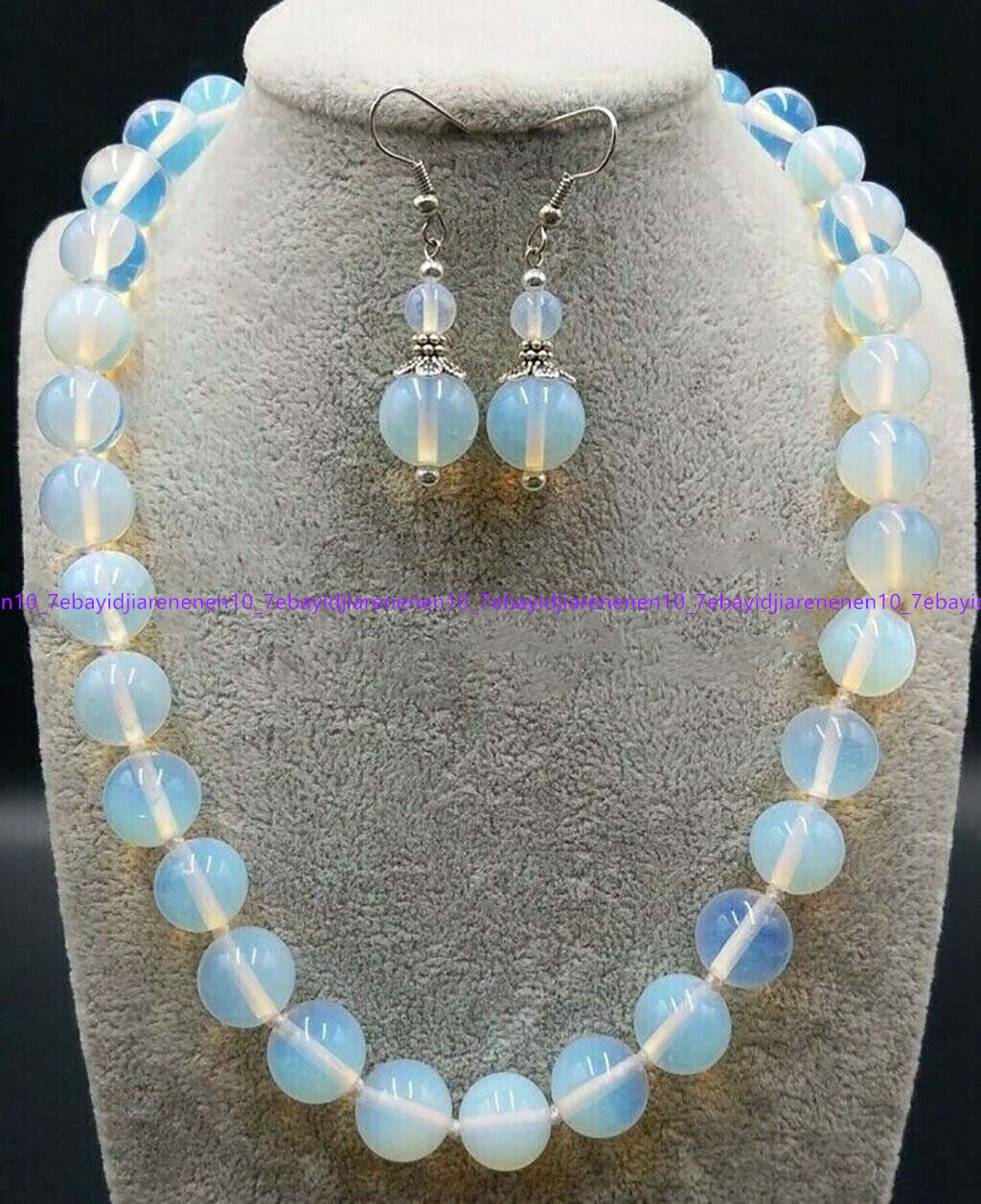 Genuine 8-12mm Sri Lanka White Moonstone Gems Round Beads Necklace Earring Set