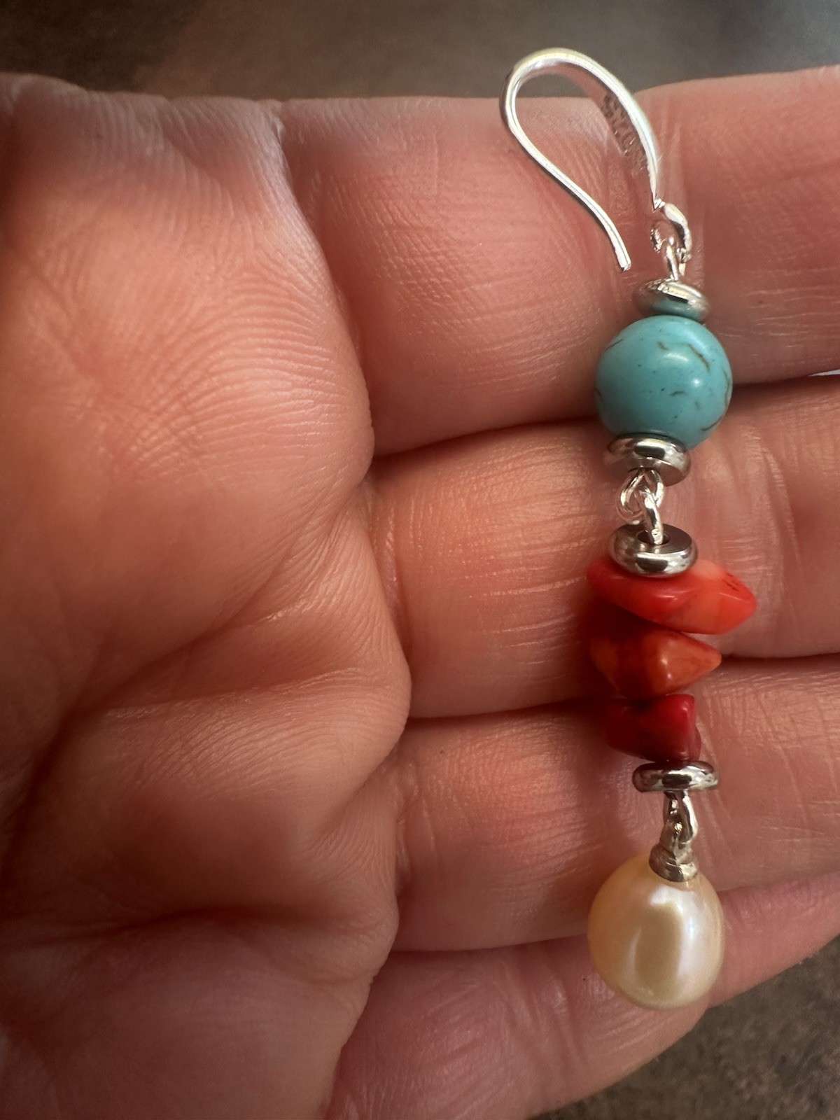 Handmade Turquoise, Red Coral & Pearl Drop Earrings