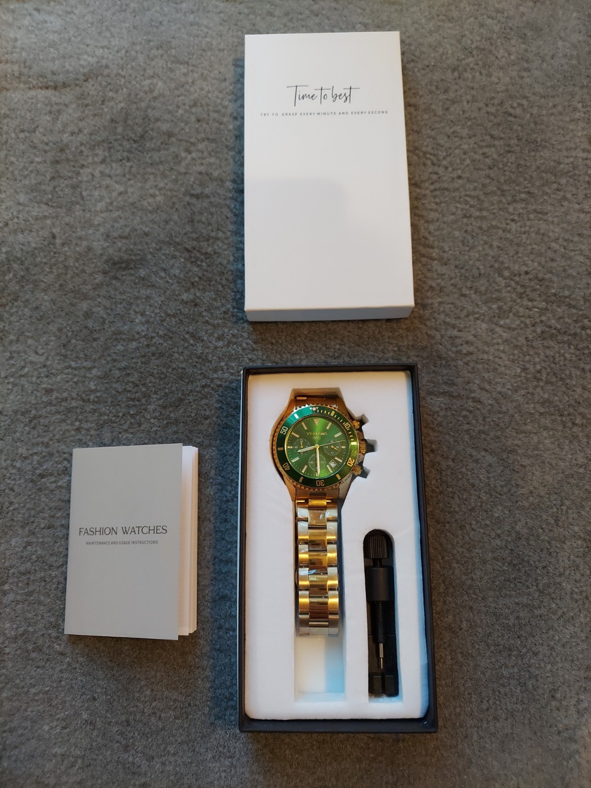 VEADONS 1985 Men’s Green Gold Quartz Watch New Box Bracelet Link Tool Gift Set