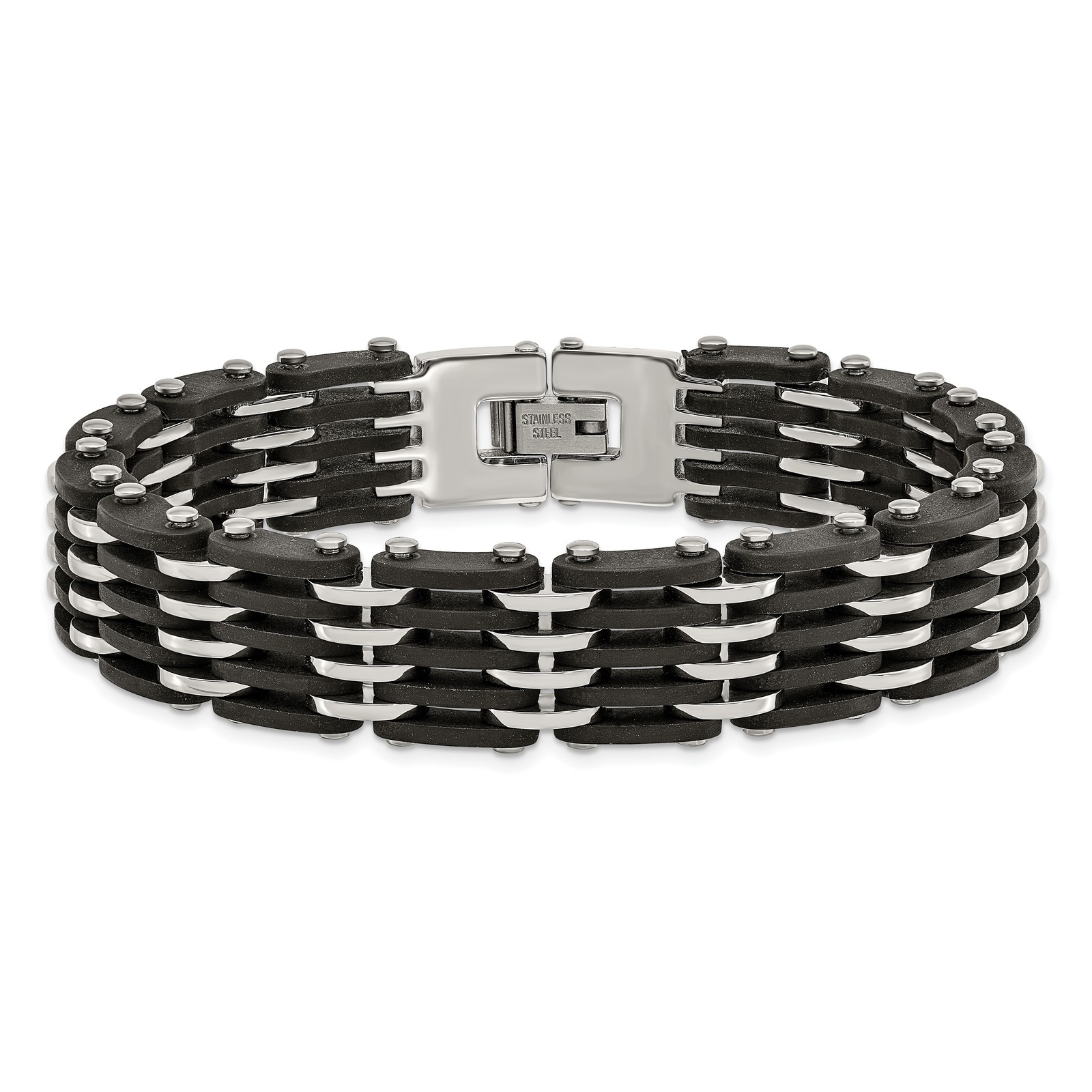 Chisel Stainless Steel Polished with Black Rubber 8.25 inch Link Bracelet SRB137
