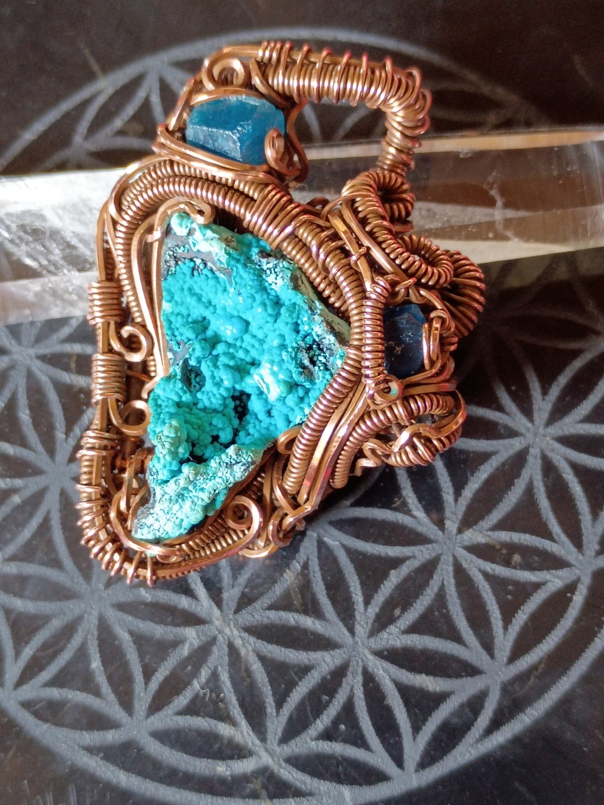 Handcrafted Wire Wrapped Natural Chrysocolla Apatite Copper Amulet Pendant