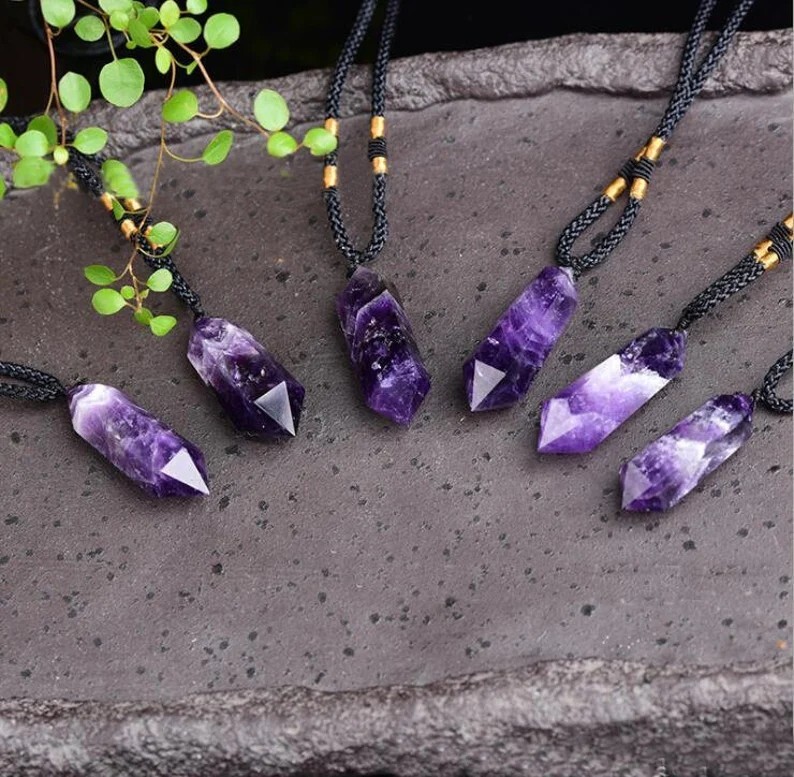 Natural Amethyst Crystal Hexagonal Point Pendant Healing Reiki Amulet Necklace