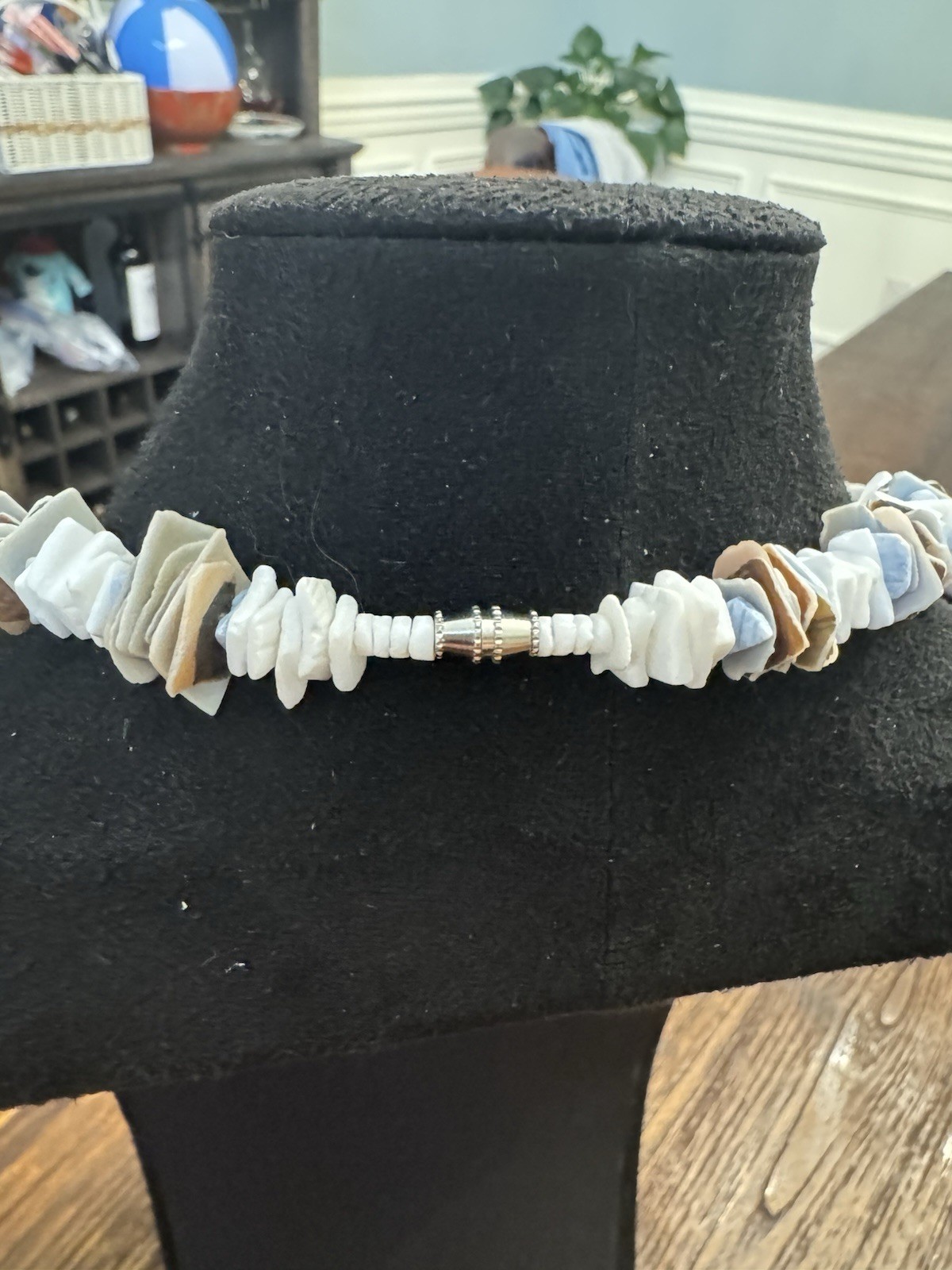 Natural Shell Chip Beaded Necklace White Brown Blue Beach Boho Coastal 18”