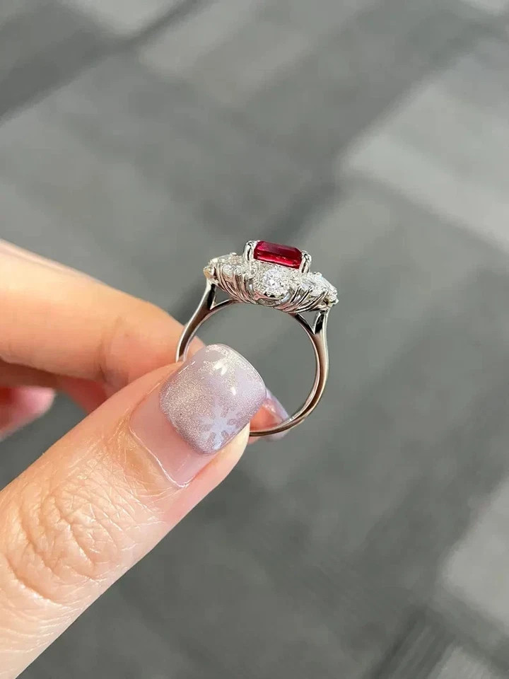 3.44Ct Asscher Cut Natural Ruby Diamond Wedding Ring 14K Real White Gold Size 6