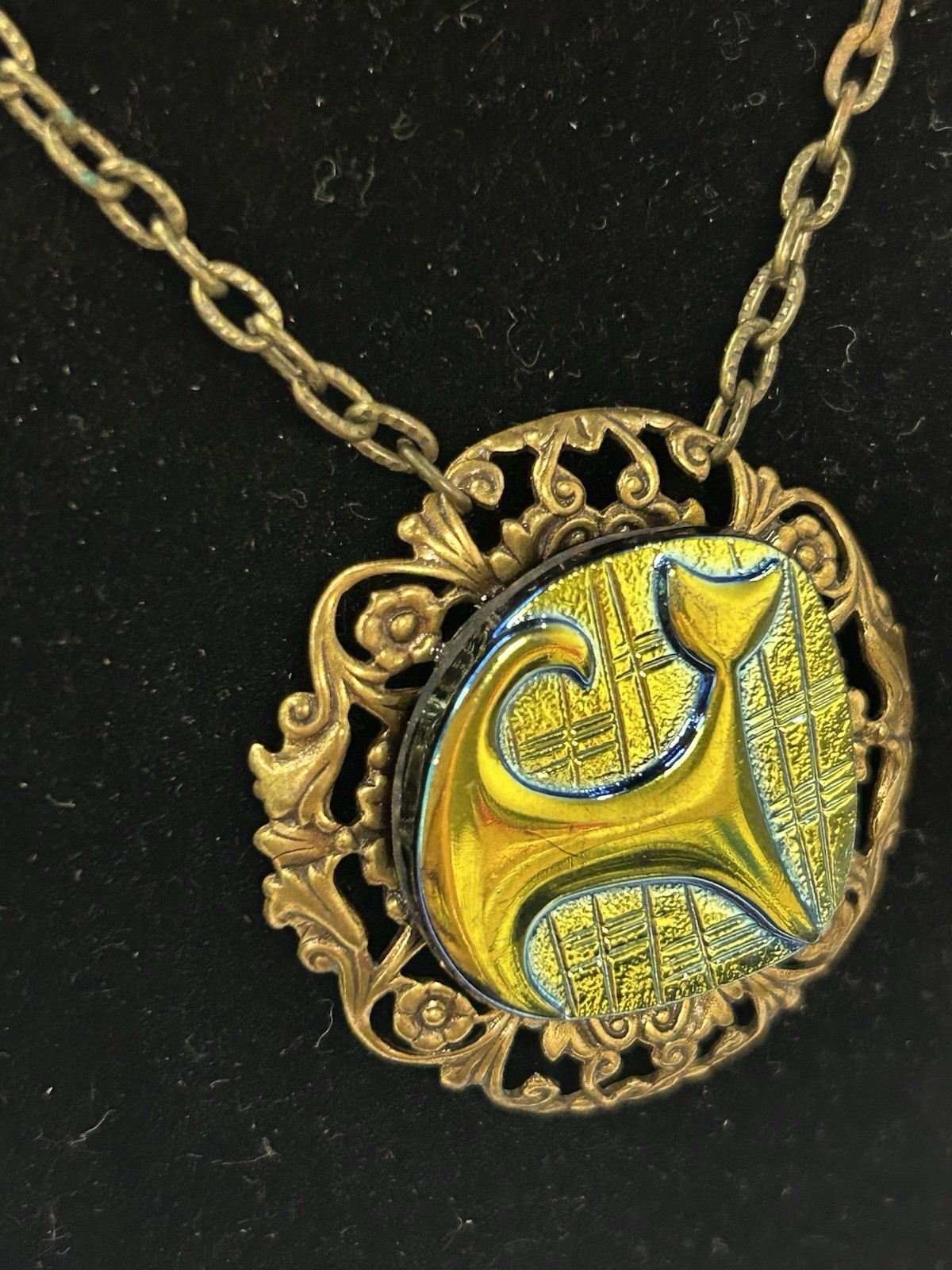 Fabulous MCM Czech glass cat pendant on brass setting and chain