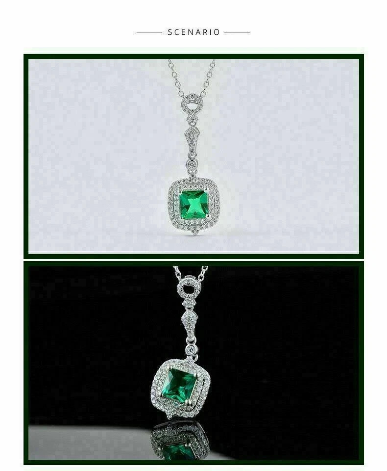 4Ct Princess Cut Green Emerald Halo Pendant 18″ Free Chain 14K White Gold Finish