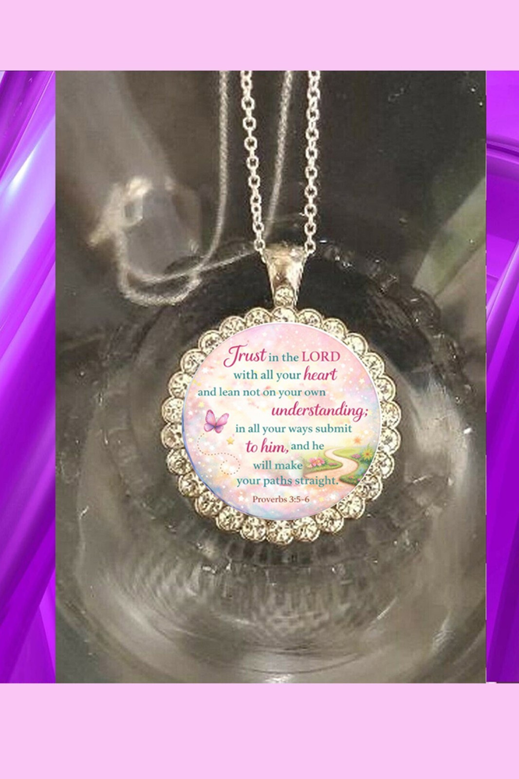 Proverbs 3:5 Trust in the Lord scripture rhinestones 925 silver necklace pretty