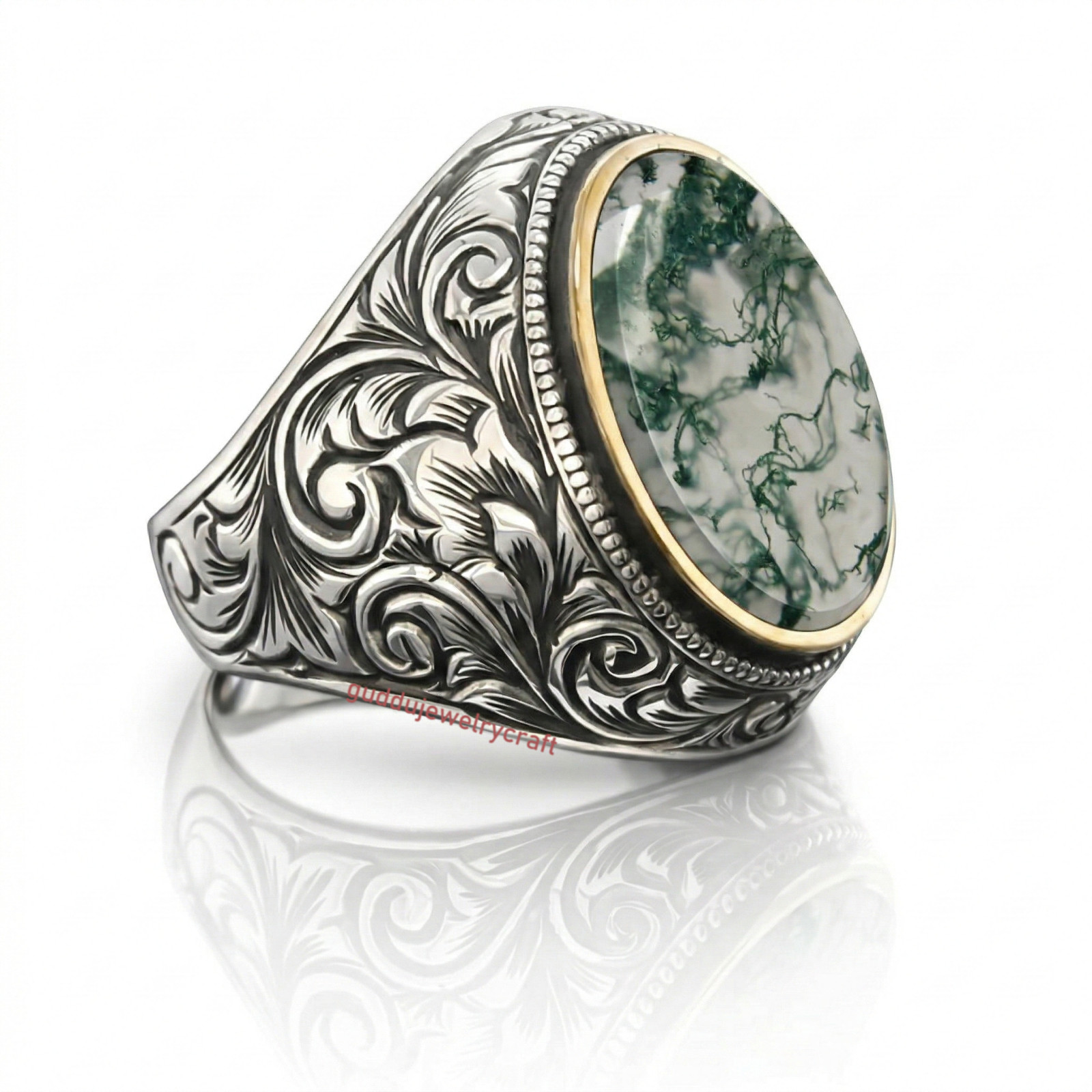 925 Sterling Silver Moss Agate Ring Hand Engraved Oval Gemstone Men’s Statement