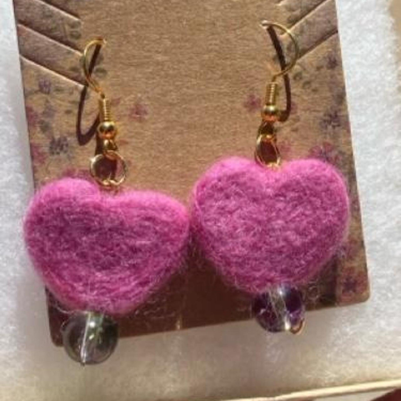 Handmade Pink needle felt heart earrings