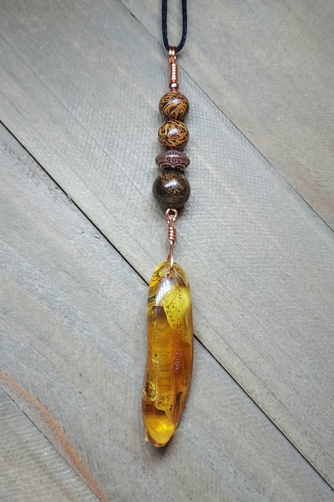 Baltic Amber Long Pendant With Brown Gemstones In Copper Artistic Hand Polished