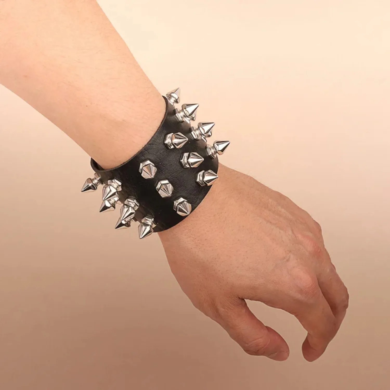 Goth Black Leather Studded Spike Bracelet Adjustable Cuff Unisex Jewelry