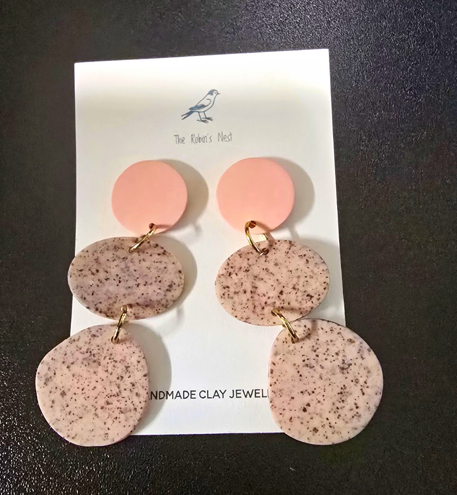 The Robin’s Nest Handcrafted Clay Pink/White Round Dangle Drop Stud Earrings