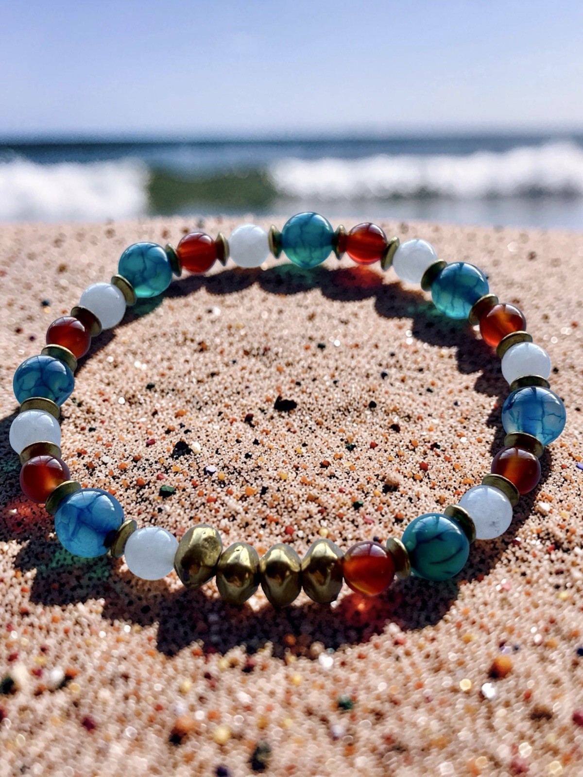 Independence Day Patriotic Stretch Gemstone Bracelet, With Solid Brass Nuggets