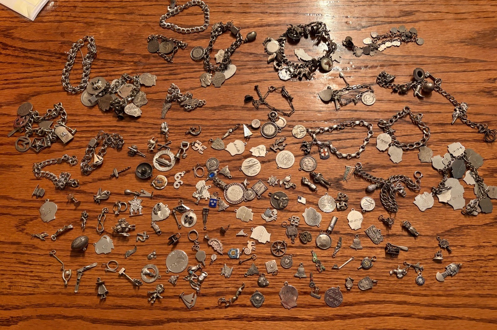 Huge Lot Sterling Silver Charms 18 Bracelets Wearable 574. 2 Grams