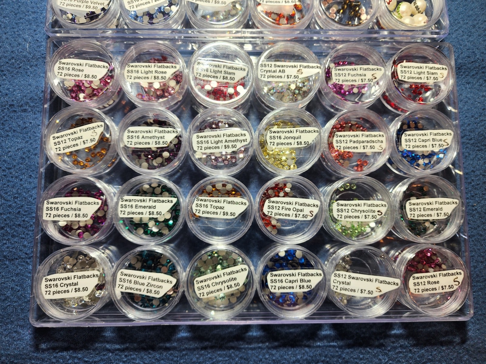 Huge Swarovski Flatback Crystal Lot 28 Jars 1400+ Pieces SS12 SS16 + Pearls