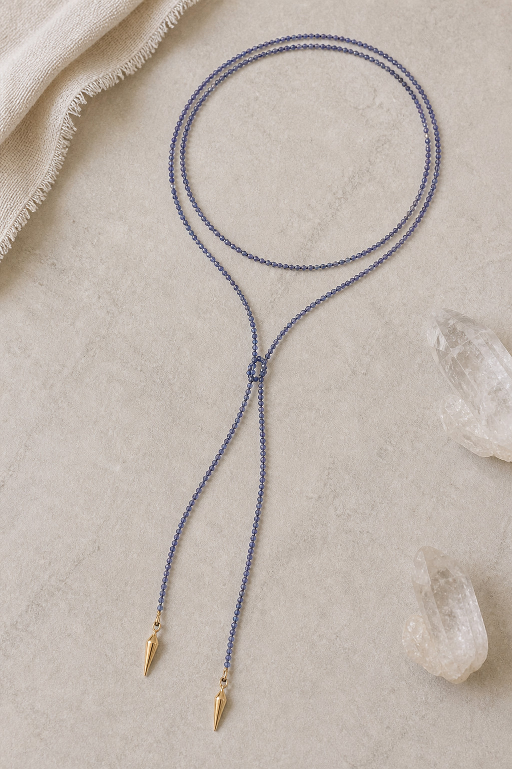 Lapis Lariat Necklace 36″ Silk Knotted Brass Tips Anthropologie Style