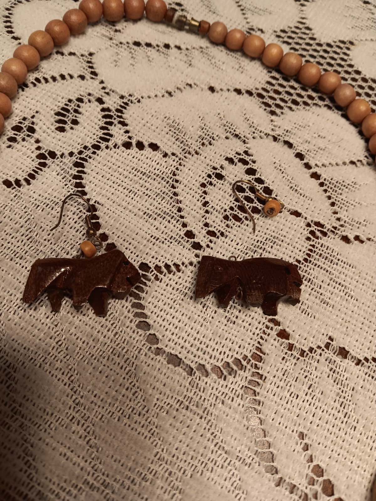 Tribal Necklace And Earring Set Animals, Chunky, Wooden, Bohemian