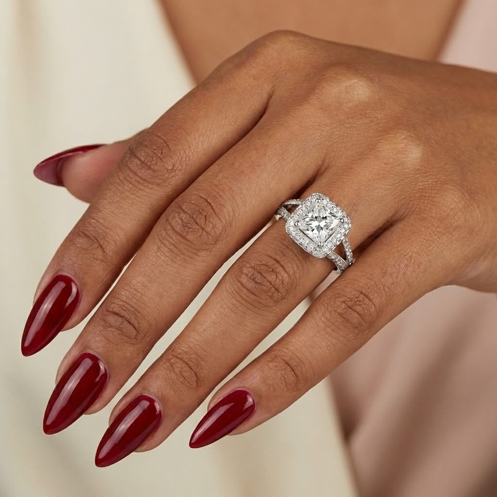 Engagement Ring 18K White Gold Halo Princess 3.04 Carat Lab-Grown Diamond G VS1
