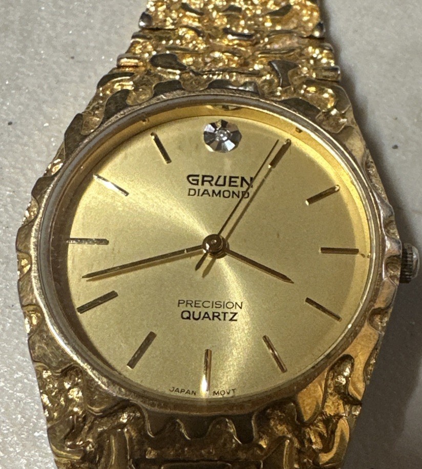 1990s GRUEN PRECISION Gold Diamond Nugget Unisex Vintage Watch