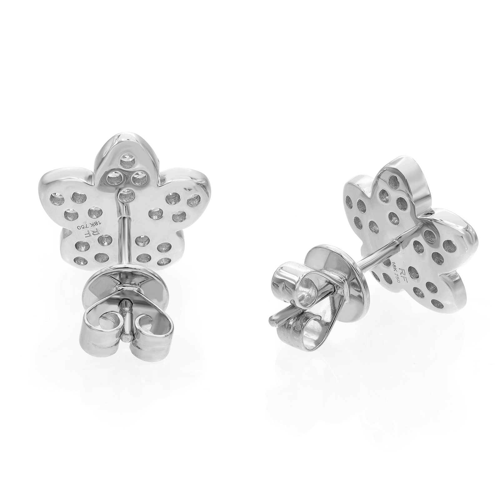 Pave Set Round Cut Diamond Flower Stud Earrings 18K White Gold 0.52Cttw