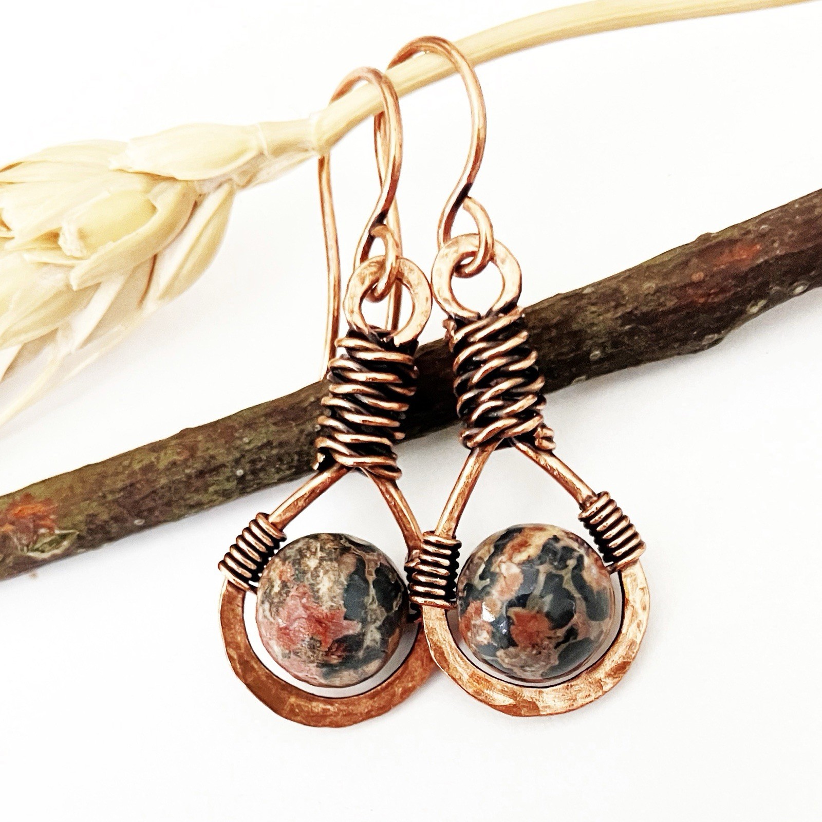 Leopard Skin Jasper Dangle Earrings Teardrop Bohemian Wire Wrapped Earthtones