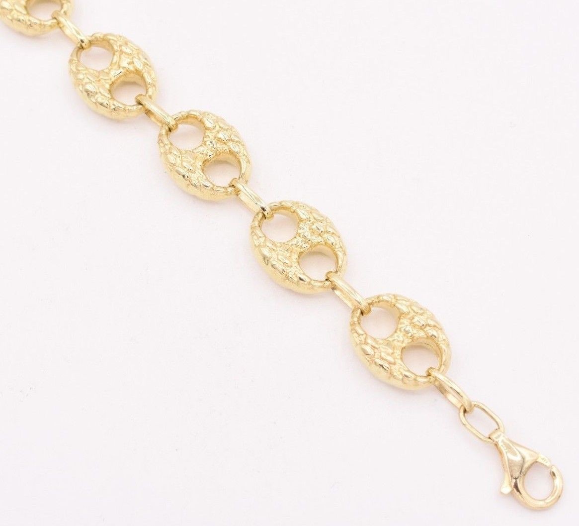 12mm Puffed Mariner Anchor Nugget Textured Chain Bracelet Real 10K Yellow Gold