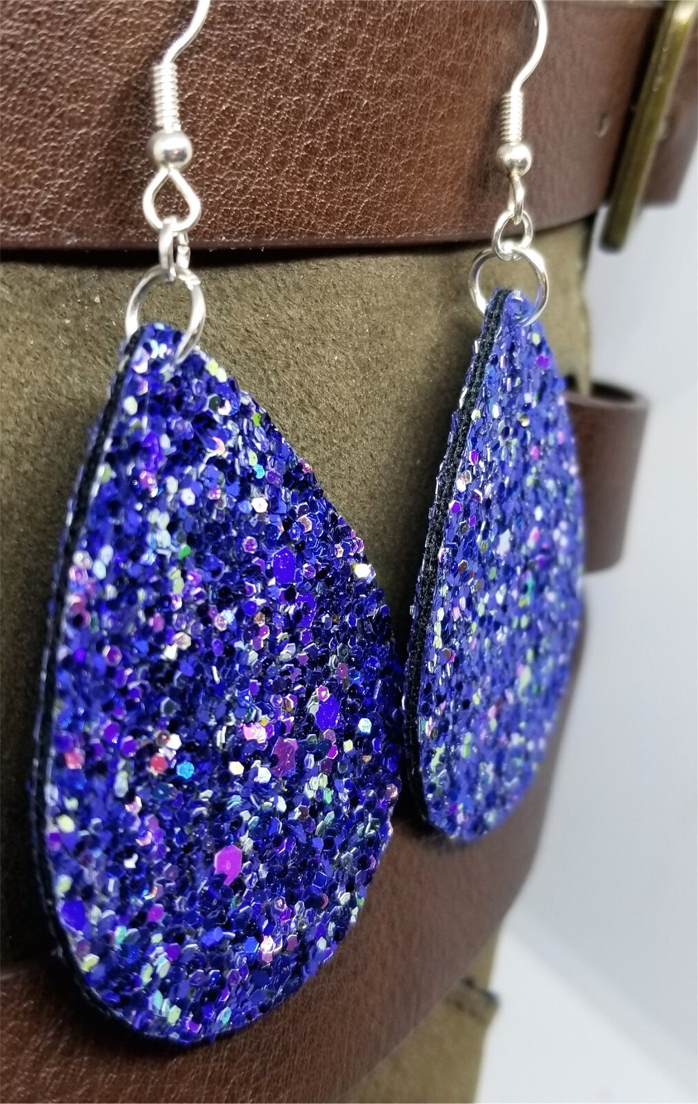 Blue Glitter Double Sided FAUX Leather Earrings with Color Shifting Glitter