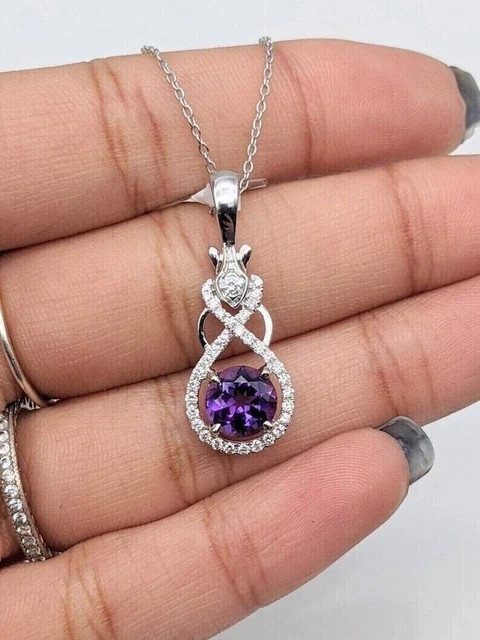14K White Gold Plated Round Cut Lab Created Purple Amethyst Pendant with Chain