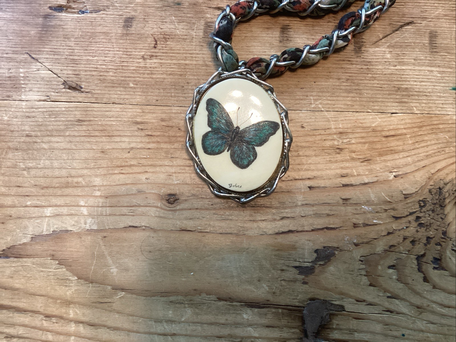 Butterfly Scrimshaw Hand Engraved Necklace Pendant & Fiber Woven Chain