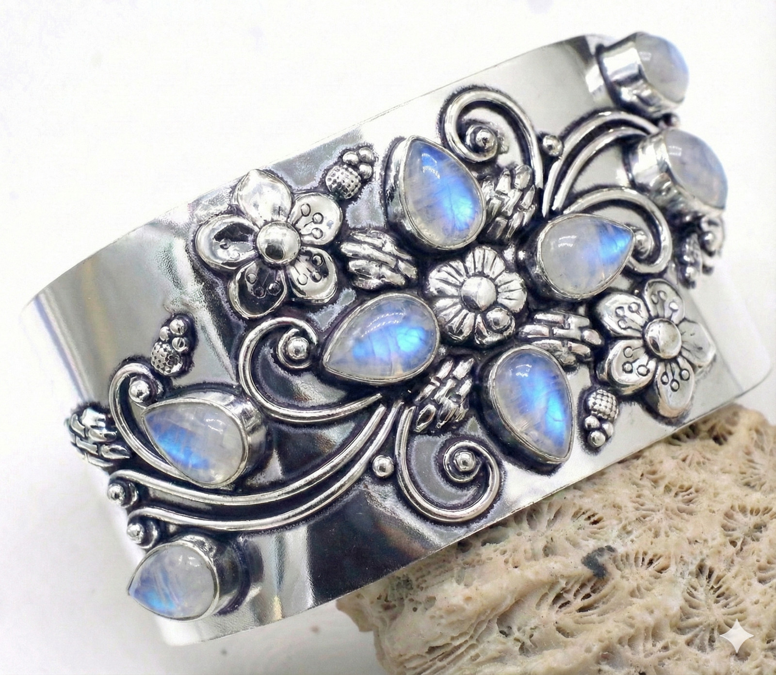 925 Sterling Silver Moonstone Gemstone Handmade Jewelry Cuff Bracelet ADJ