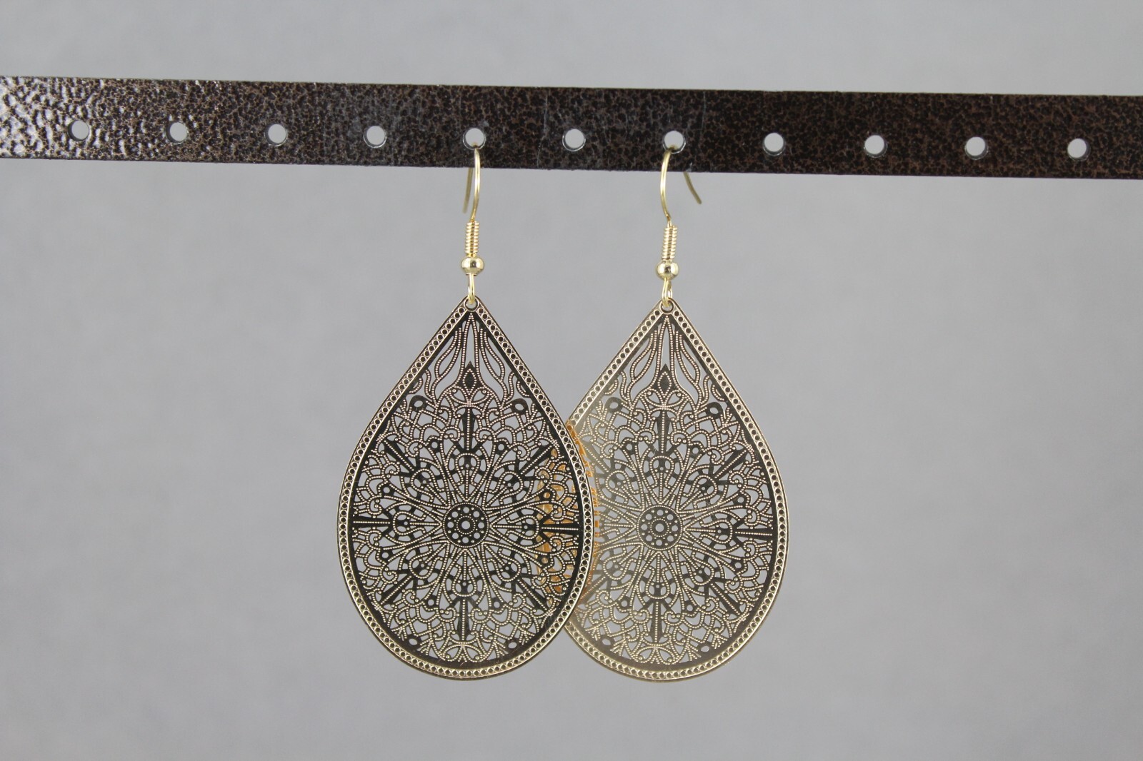 Gold earrings teardrop dangle shiny VERY lightweight filigree earrings 2.5″ long