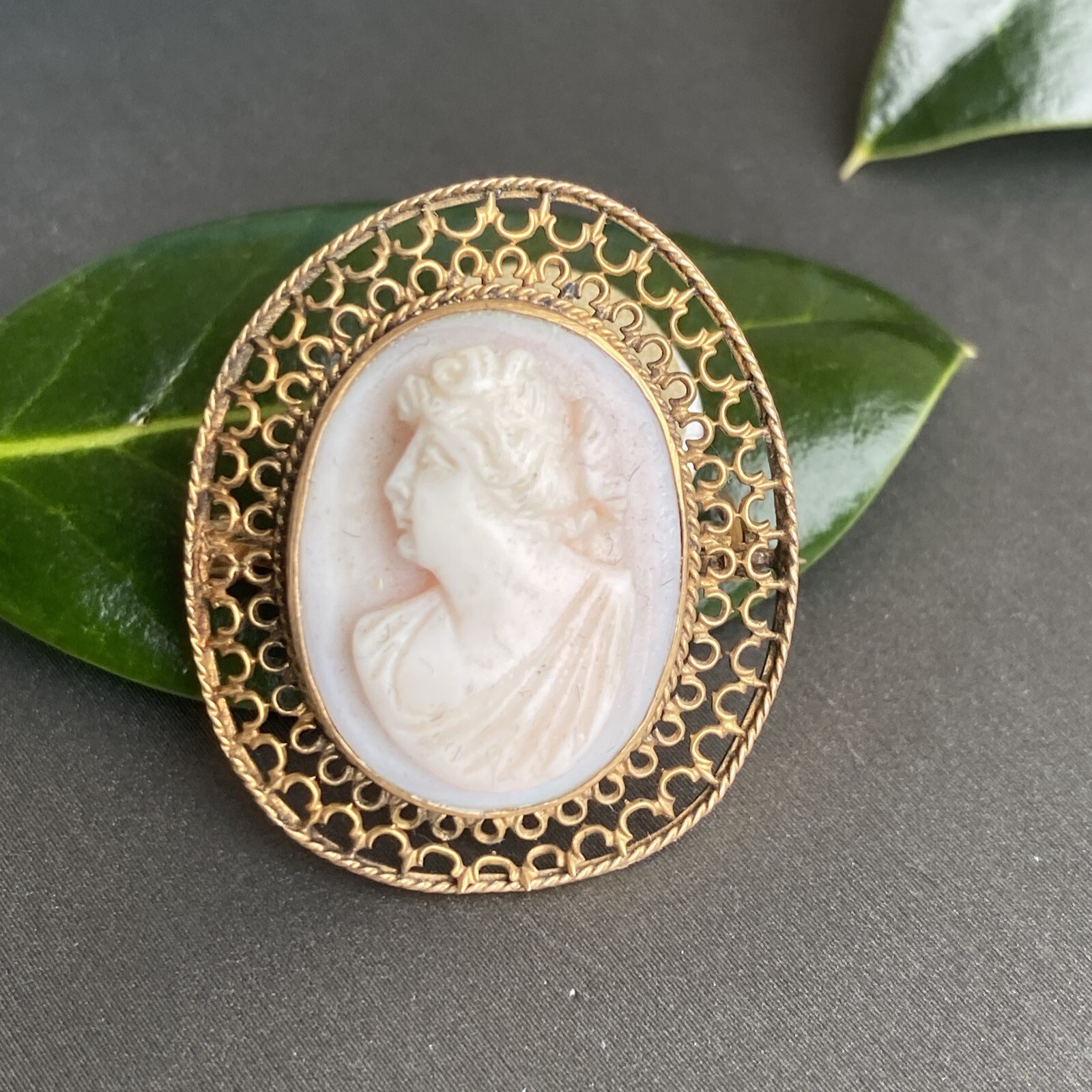 14K Yellow Gold Coral Cameo Brooch Antique Goddess Beauty Profile Fine Jewelry