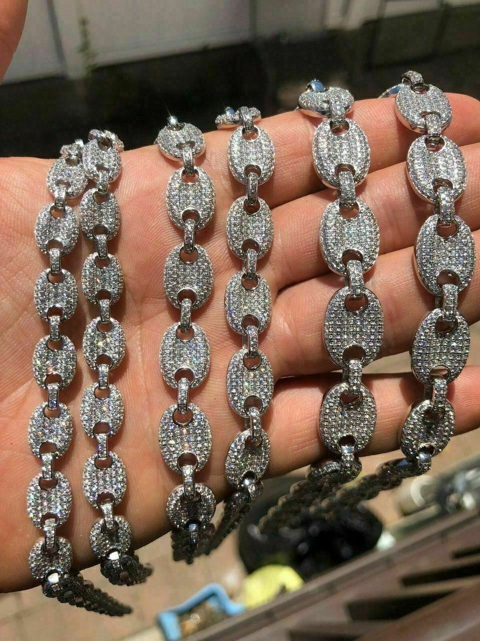 Solid 925 Silver Mens Puffed Mariner Link Chain CZ Hip Hop Iced