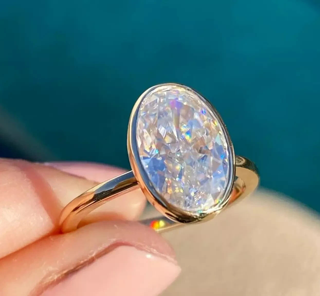3Ct Oval Cut Lab Created Diamond Bezel Set Wedding Solitaire Ring 14K Gold FN