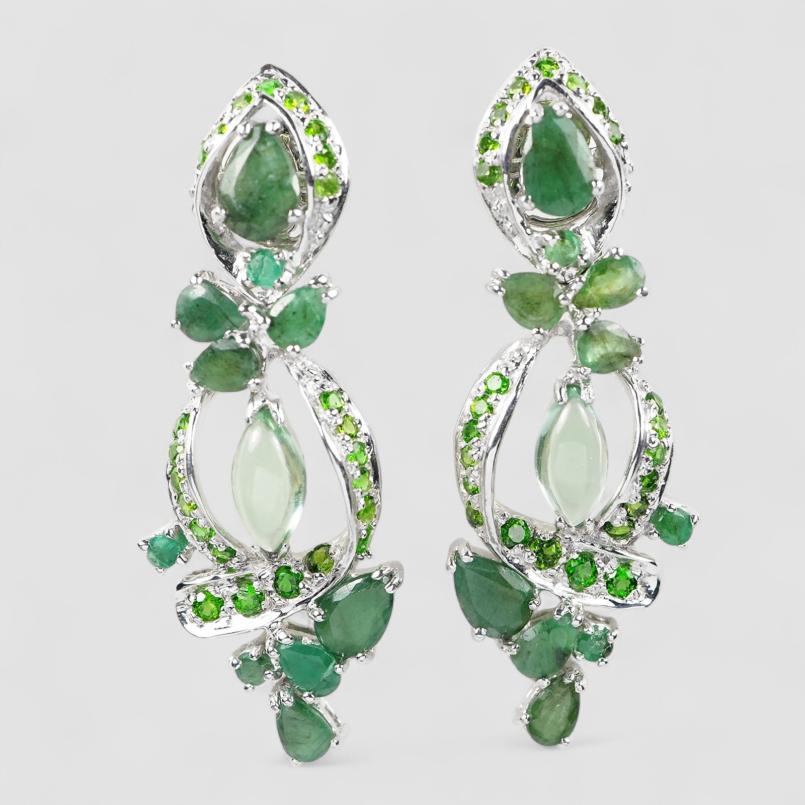 Twinkling Green Emerald Set 925 Sterling Silver White Gold Handmade Earrings