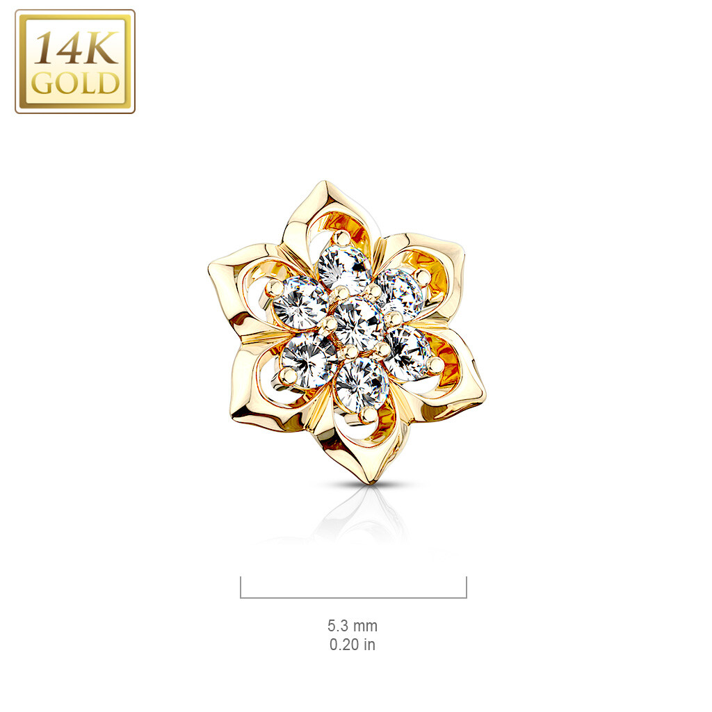 14K Solid Gold CZ Cluster Center Flower Dermal Anchor Top 14g