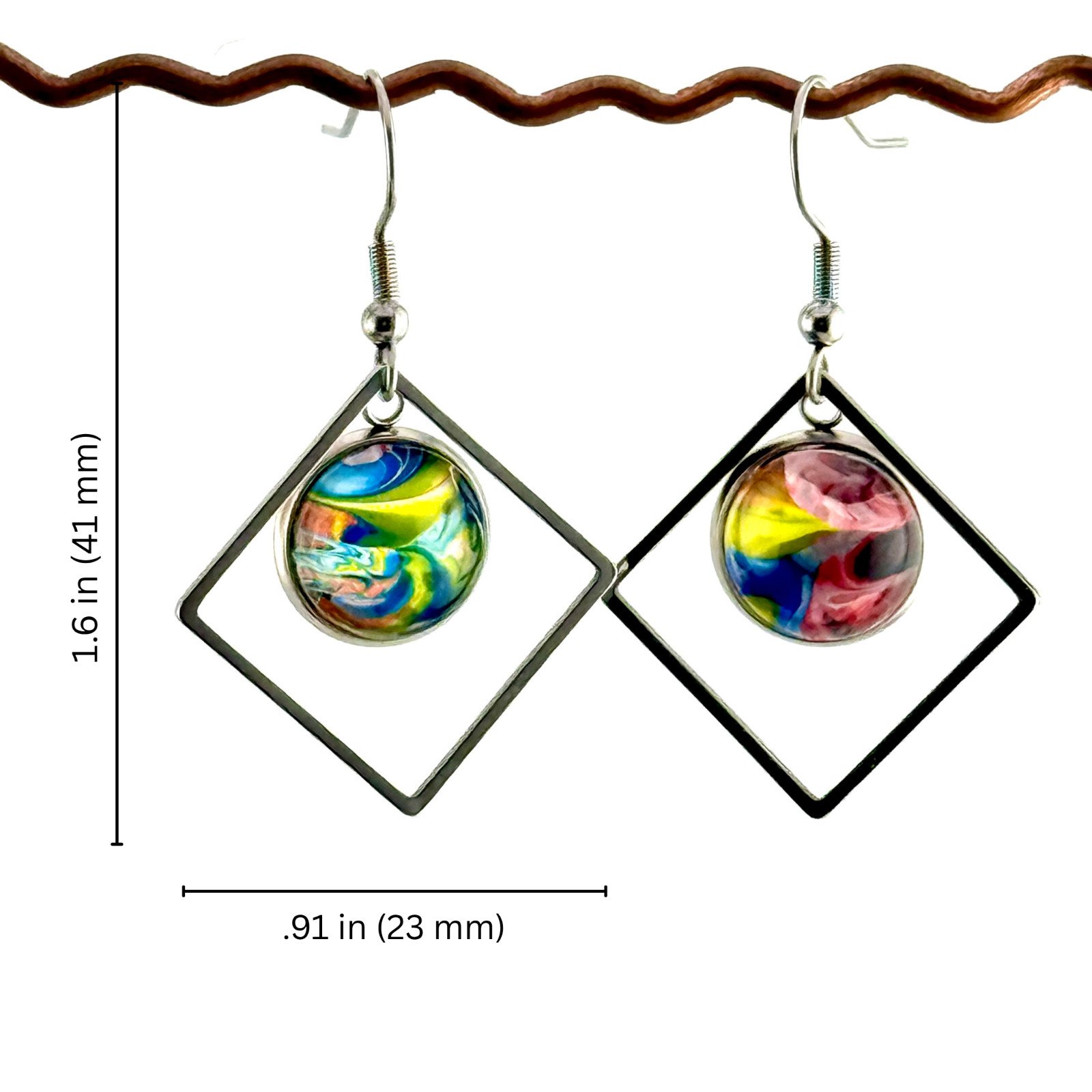 Dangle Earrings Handmade Multicolor Swirl Square Sterling Silver French Earwires