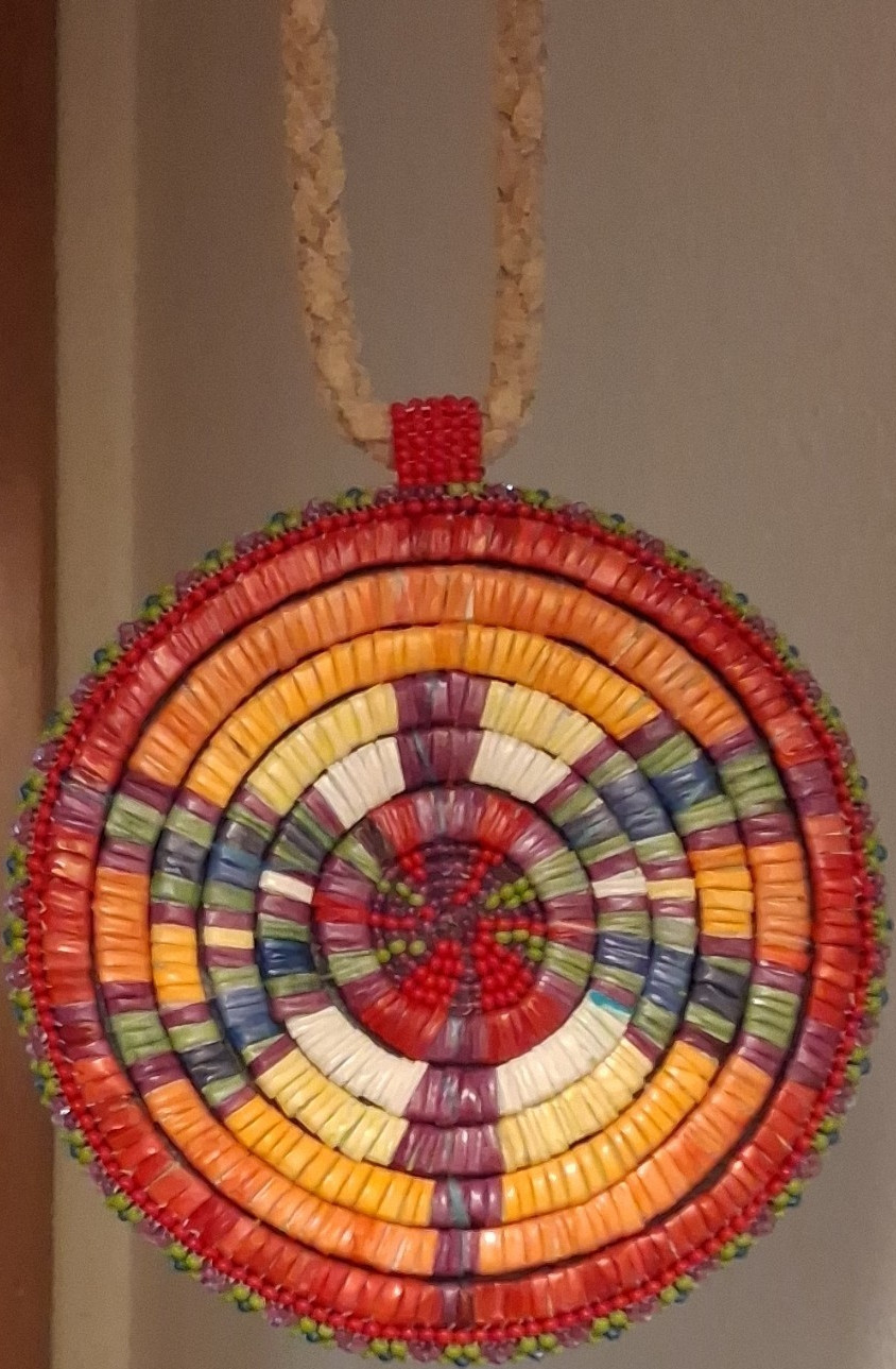 Native Multicolor Beaded Round Pendant Necklace, Braided Cord, Unisex Adults