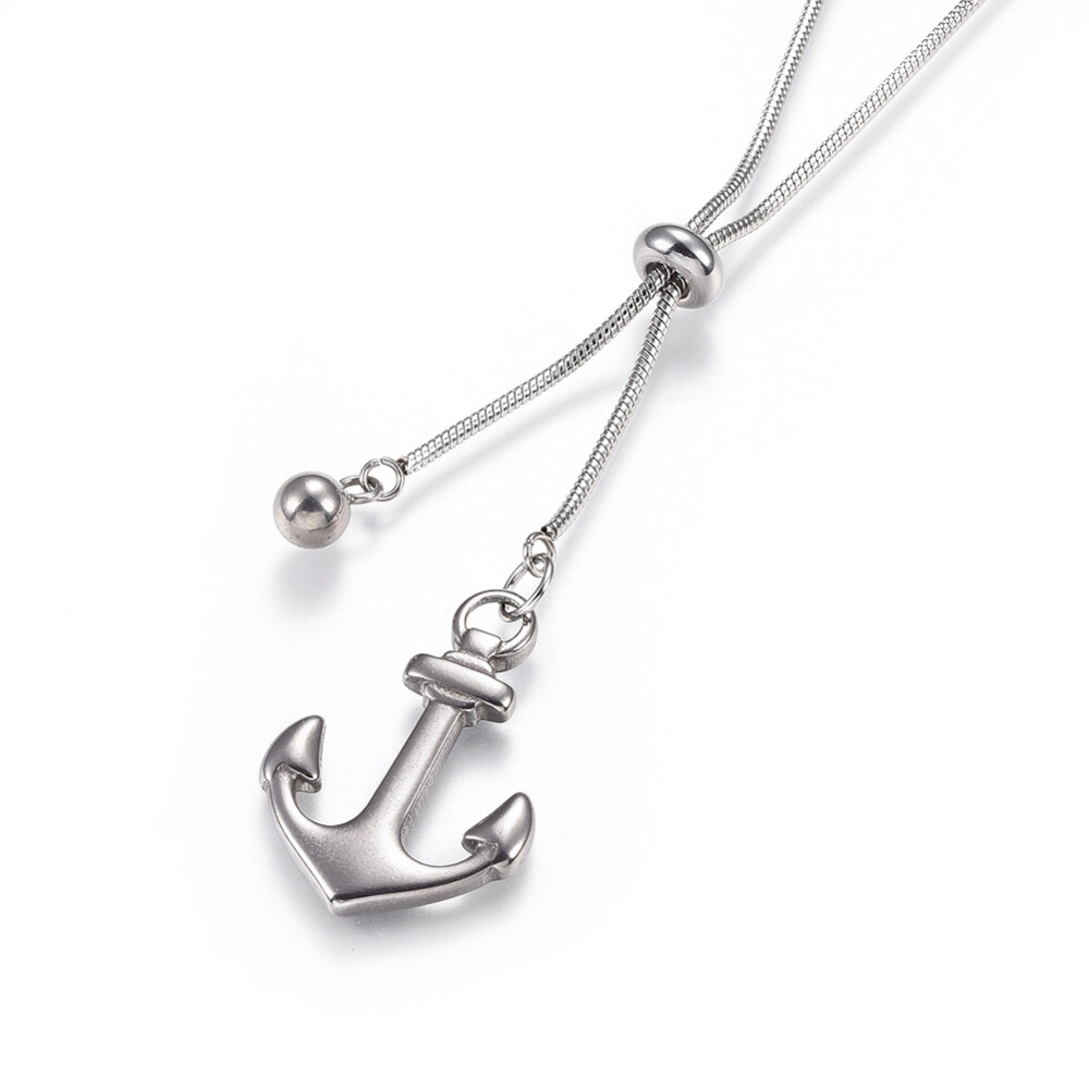 Adjustable Stainless Steel Necklace Slider Bead Anchor Pendant Silver 28″ A212