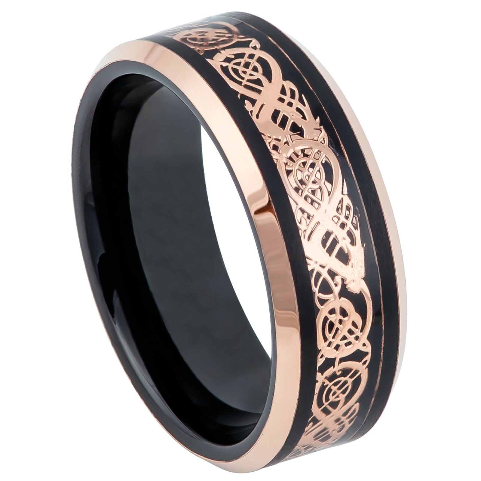 Tungsten Ring Two Tone Black Ion Plated w/ Celtic Cut-out Inlay 8mm Wedding