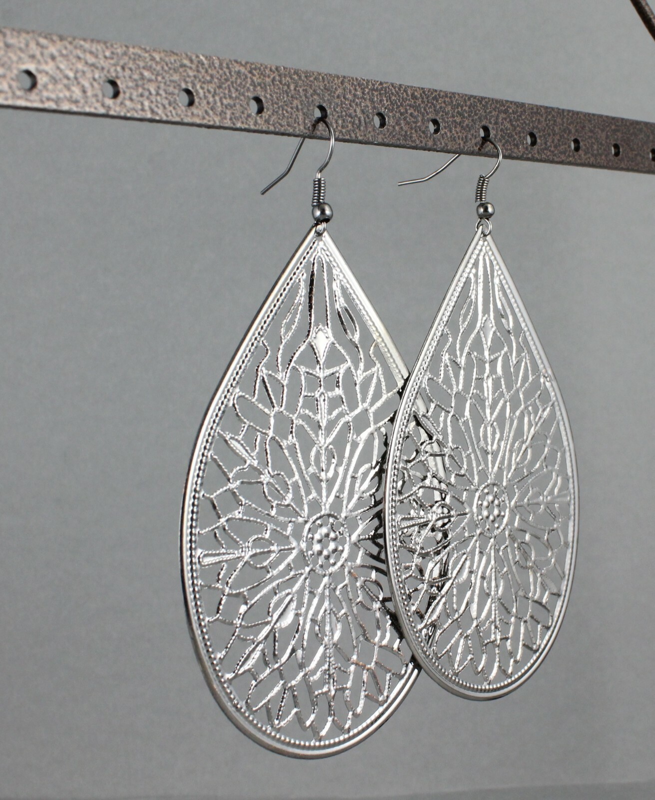 Big Huge Dark Grey earrings lightweight filigree teardrop oval dangle 3.75″ long