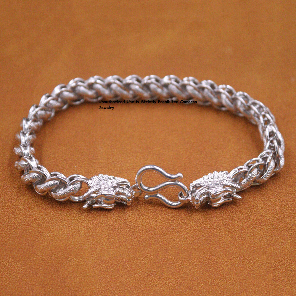 Pure S999 Fine Silver Bracelet 9mm Dragon Thailand Link Chain 25-26g 7.9inch